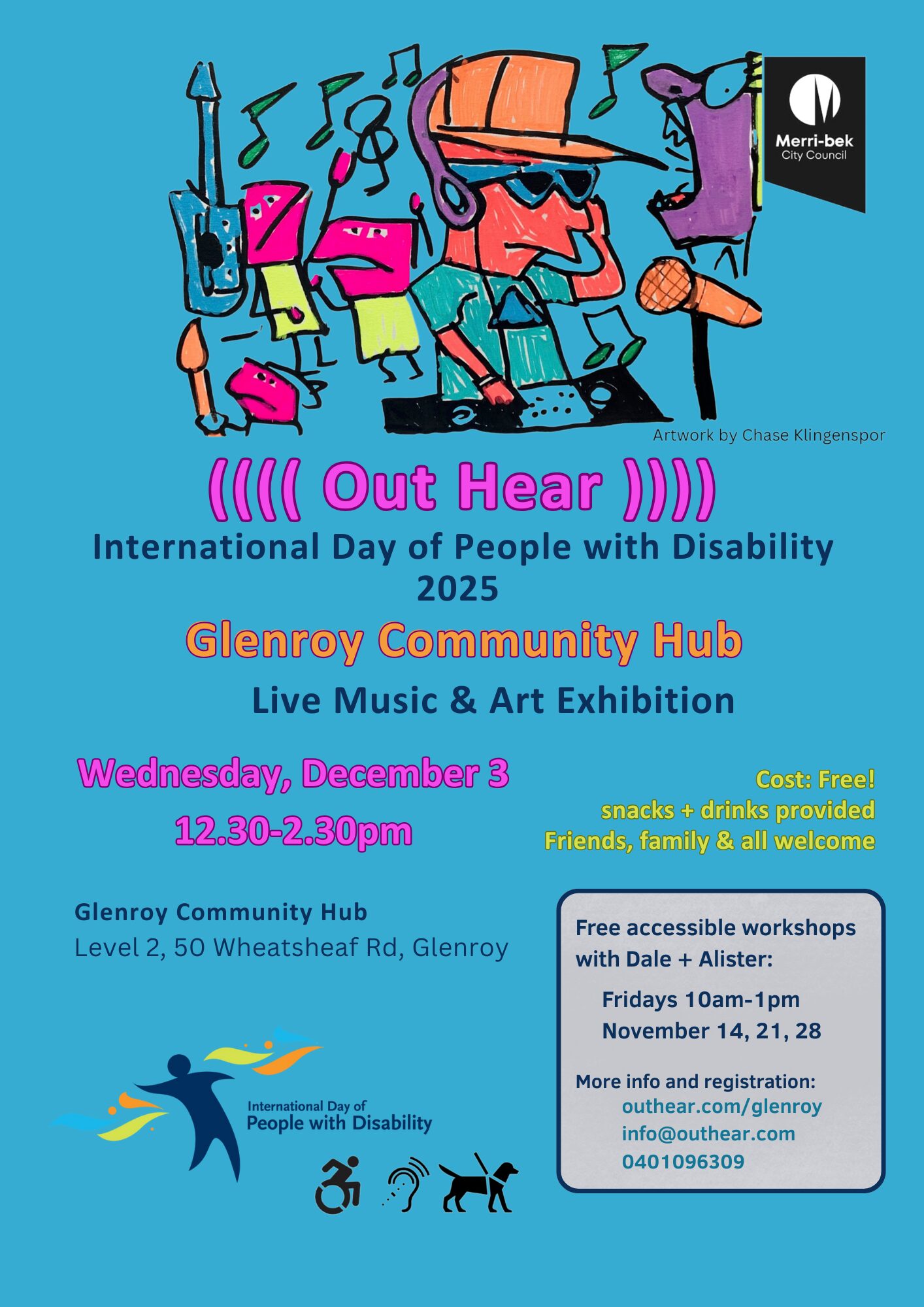 Flyer for Out Hear event at Glenroy Dec 3 2025 with Cartoon character wearing headphones, sunglasses and cap is DJ next to microphone with other characters in the background singing, dancing and playing instruments