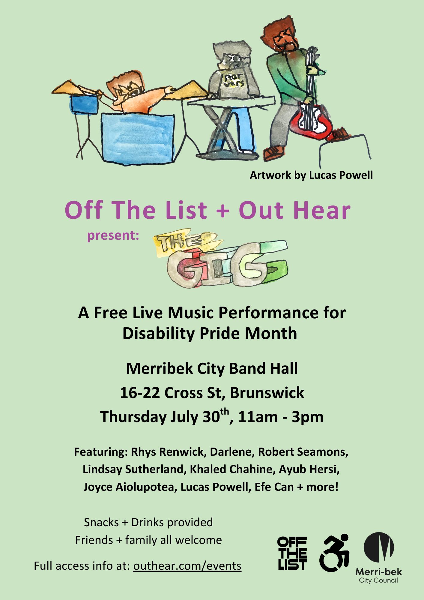 Event poster. Drawing and watercolour image of 3 cartoon-like figures are playing instruments, drums, keyboard and guitar. Text about the event on a green backround. Accessible icons, Merribek Council logo, and Off the List logo.
